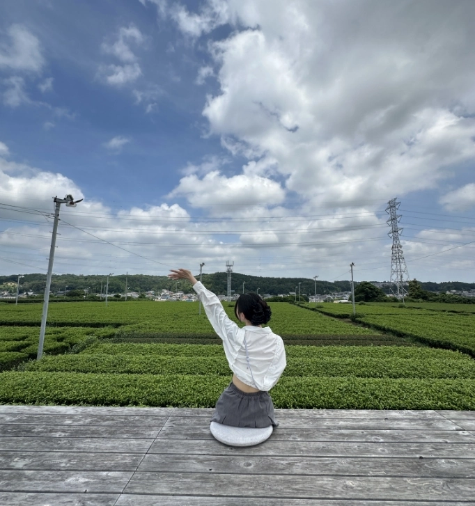 デッキに座って茶畑を見渡す１枚