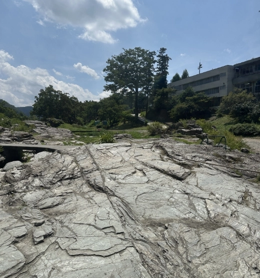 広がる岩畳の平らな岩盤と亀裂模様